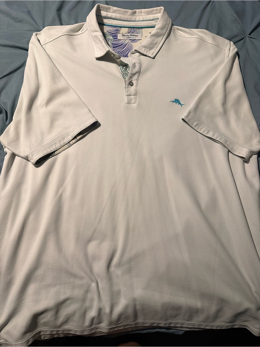 Tommy Bahama White Polo with Teal Dolphin Accent